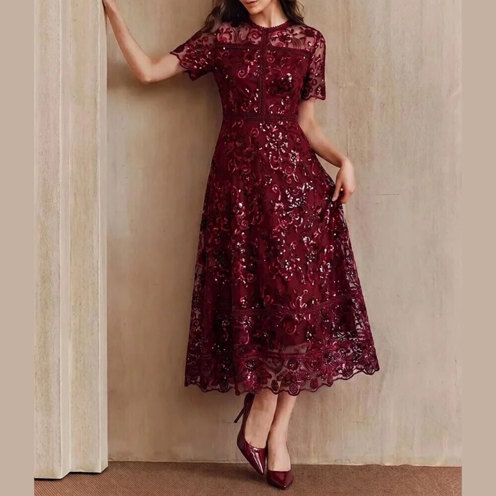 Burgundy Sequin Floral Embroidered Mesh Short Sleeve Maxi Dress